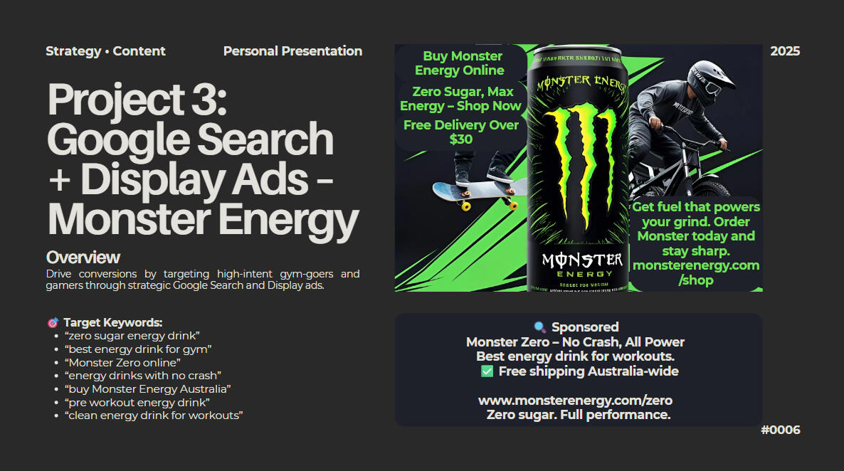 Monster Energy Brand Strategy Also contains Social Media Calendar, Customer Journey Funnel, Display & Google Ads, Email Funnel & Mock Results